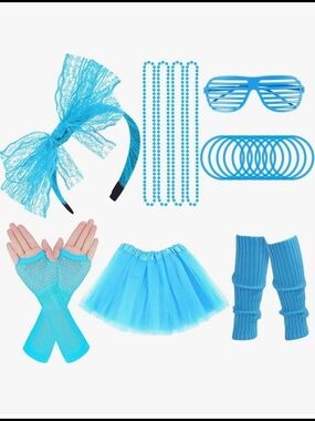 80s Neon Blue Costume Accessory Set - Headband, Tutu, Gloves & More